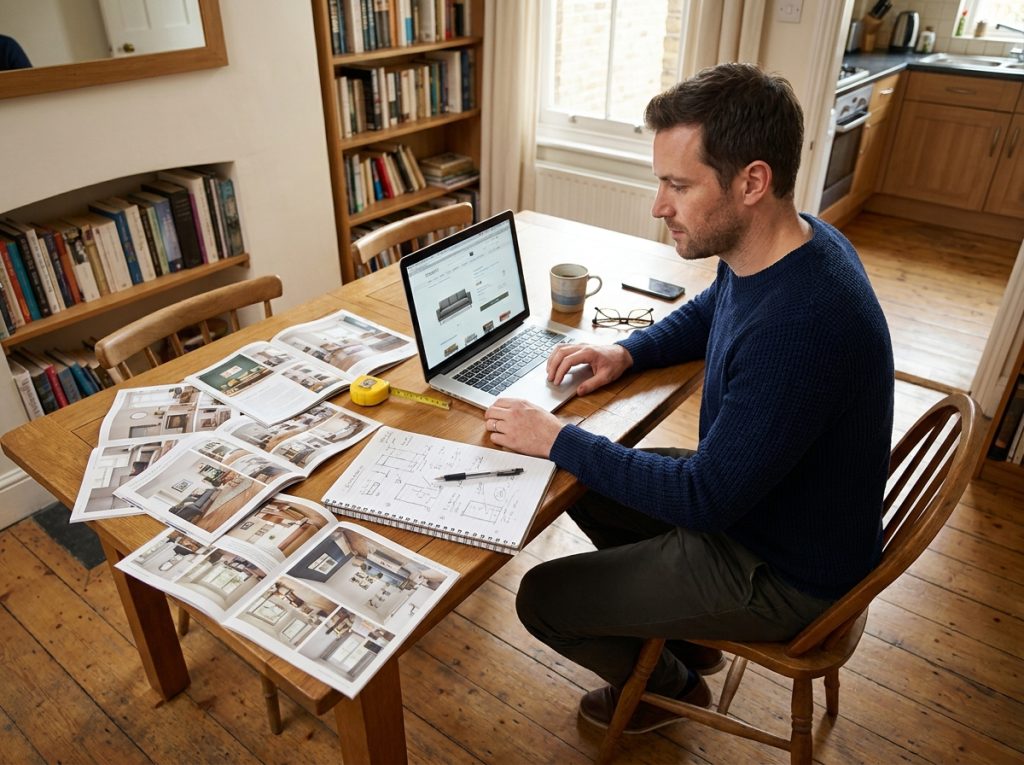 Homme faisant des recherches sur le choix d'un bureau à domicile entouré de catalogues et d'une liste de critères