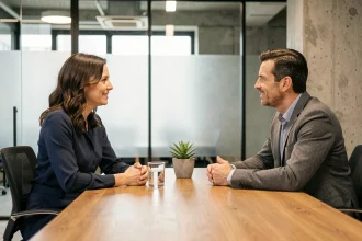 Entretien de recrutement sans CV dans un bureau moderne, candidature basée sur les compétences