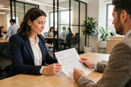 Femme en blazer marine discutant d'un contrat de travail avec un responsable RH dans un bureau moderne, illustration de la requalification de CDD en CDI