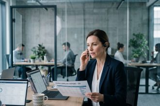 Responsable commerciale b2b supervisant une stratégie de prospection externalisée depuis son bureau en open space