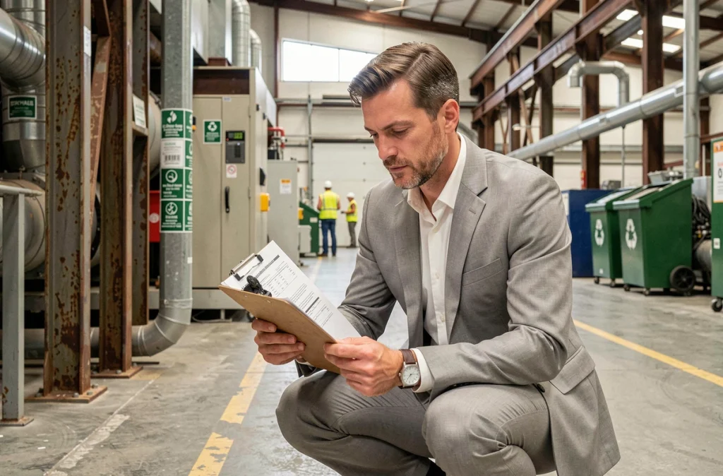 Responsable développement durable en usine examinant un rapport de conformité environnementale dans une installation industrielle modernisée