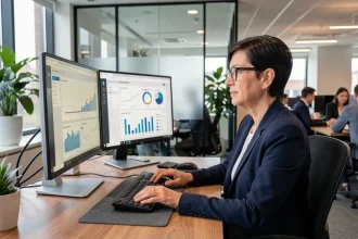 Responsable RH analysant les données de productivité et d'absentéisme sur un tableau de bord PGI en entreprise