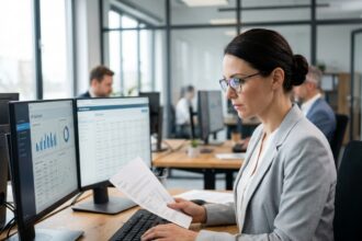 Responsable RH femme analysant des tableaux de bord numériques sur double écran dans un open space moderne pour automatiser les tâches répétitives