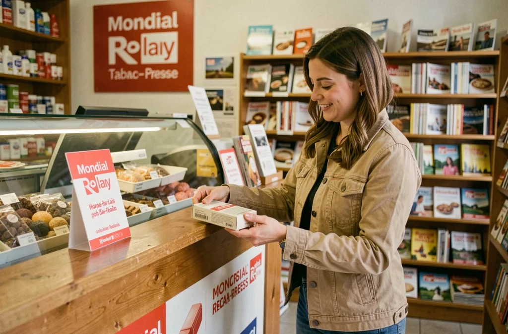 Femme récupérant un colis Mondial Relay dans un point relais tabac-presse à Harnes, Pas-de-Calais
