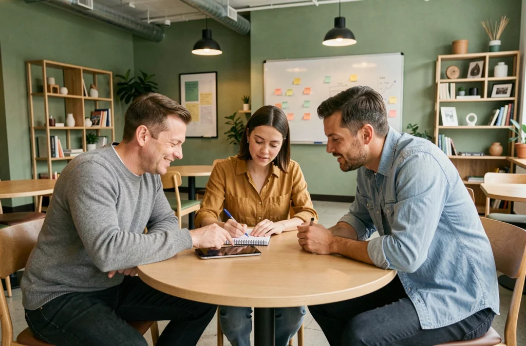 Groupe de professionnels en réunion collaborative dans un espace de coworking ouvert
