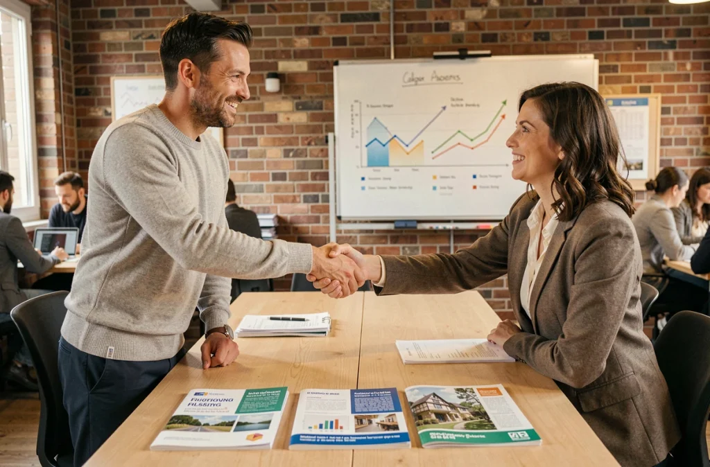 Entrepreneur alsacien en réunion avec un conseiller régional pour discuter d'aides à la croissance en Alsace