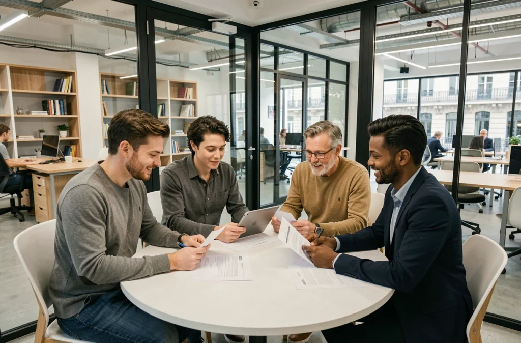Groupe de professionnels en réunion collaborative dans une salle vitrée d'un espace coworking à Lyon