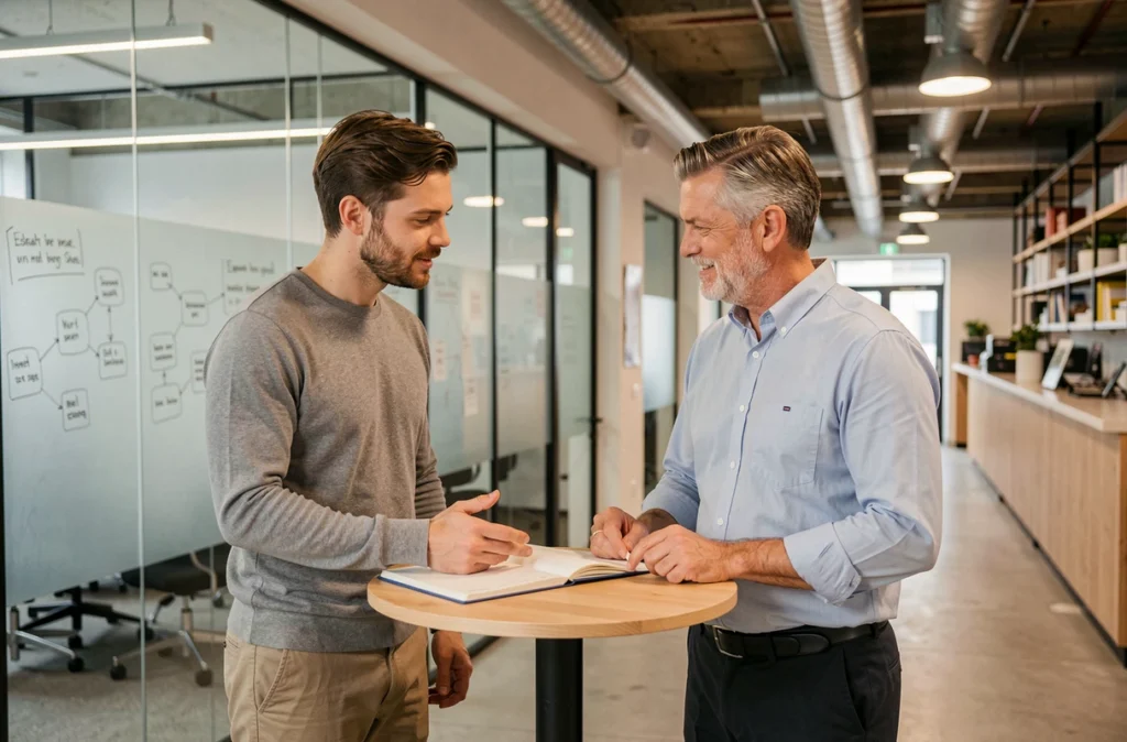 Deux professionnels en réunion debout dans un coworking design au cœur de Paris Châtelet