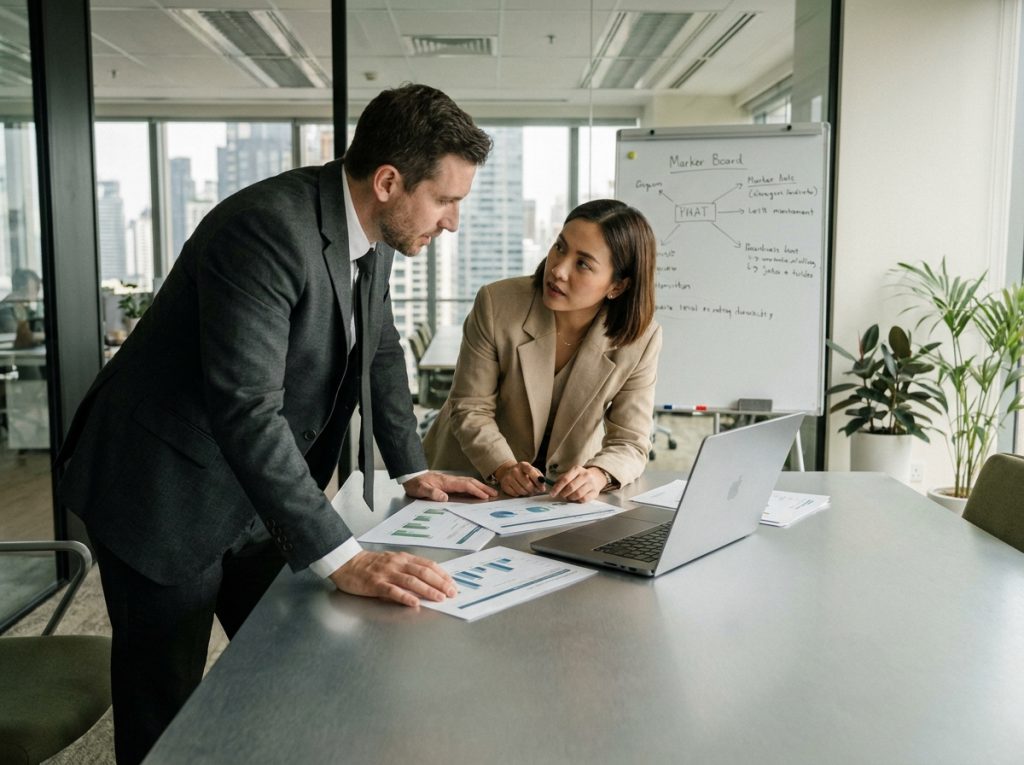 Réunion entre un dirigeant et un prestataire externe pour aligner la prospection commerciale b2b et la relation client