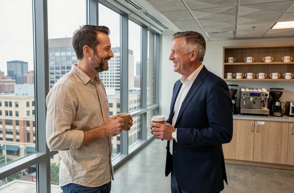 Deux hommes d'affaires en discussion informelle devant une grande fenêtre dans un espace de travail partagé avec vue sur la ville