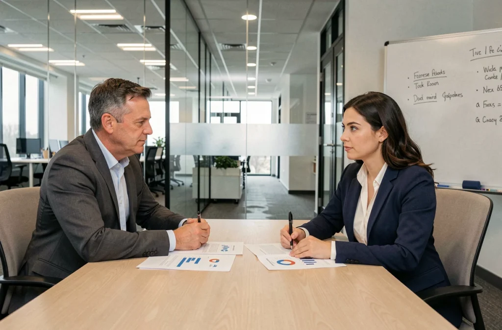 Réunion entre un consultant en portage salarial et un conseiller RH discutant des droits au chômage partiel en entreprise