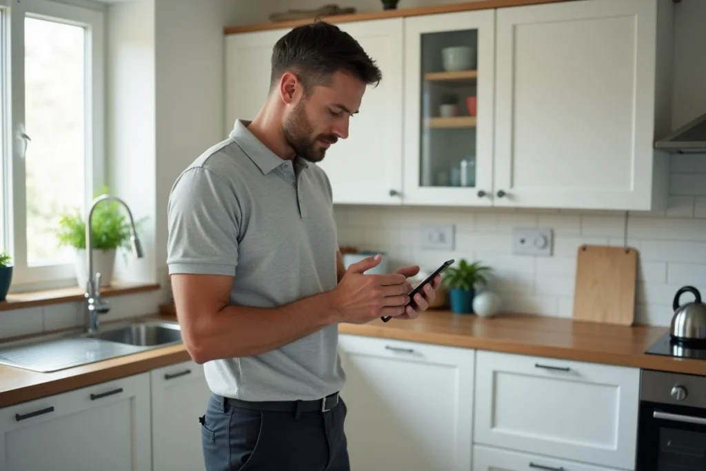 Un salarié du secteur des services à la personne consulte l'application extranet Azaé sur son smartphone depuis son domicile
