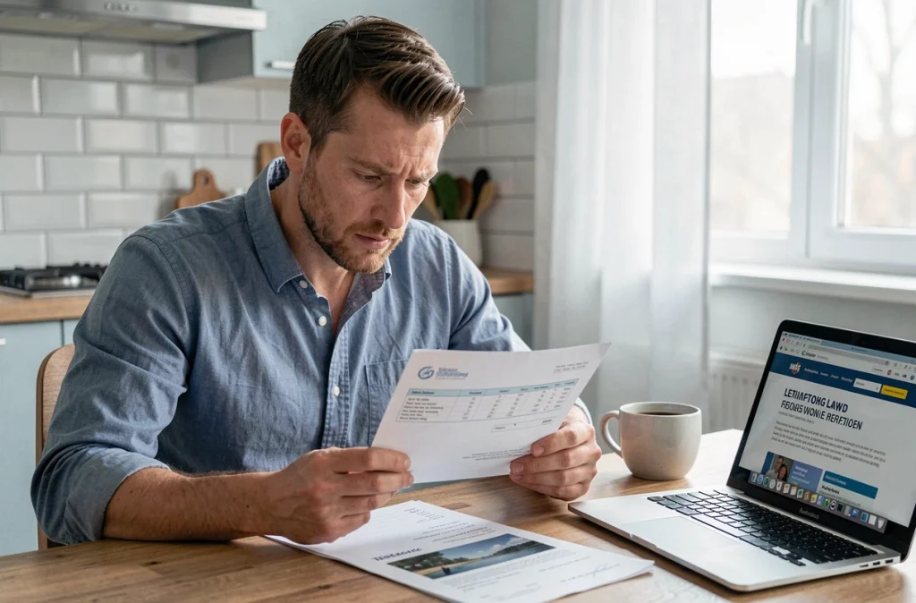 Jeune salarié examinant son bulletin de salaire et une lettre de fin de contrat à son domicile, reflétant l'impact de l'indemnité de fin de CDD