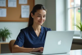 Une aide à domicile en uniforme se connecte à l'extranet Azaé sur un ordinateur portable dans une salle de pause professionnelle