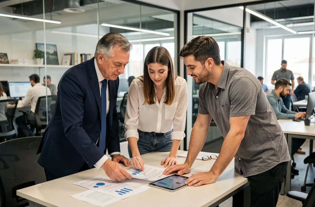 Réunion professionnelle dans une salle privée vitrée d'un espace de coworking à Valence