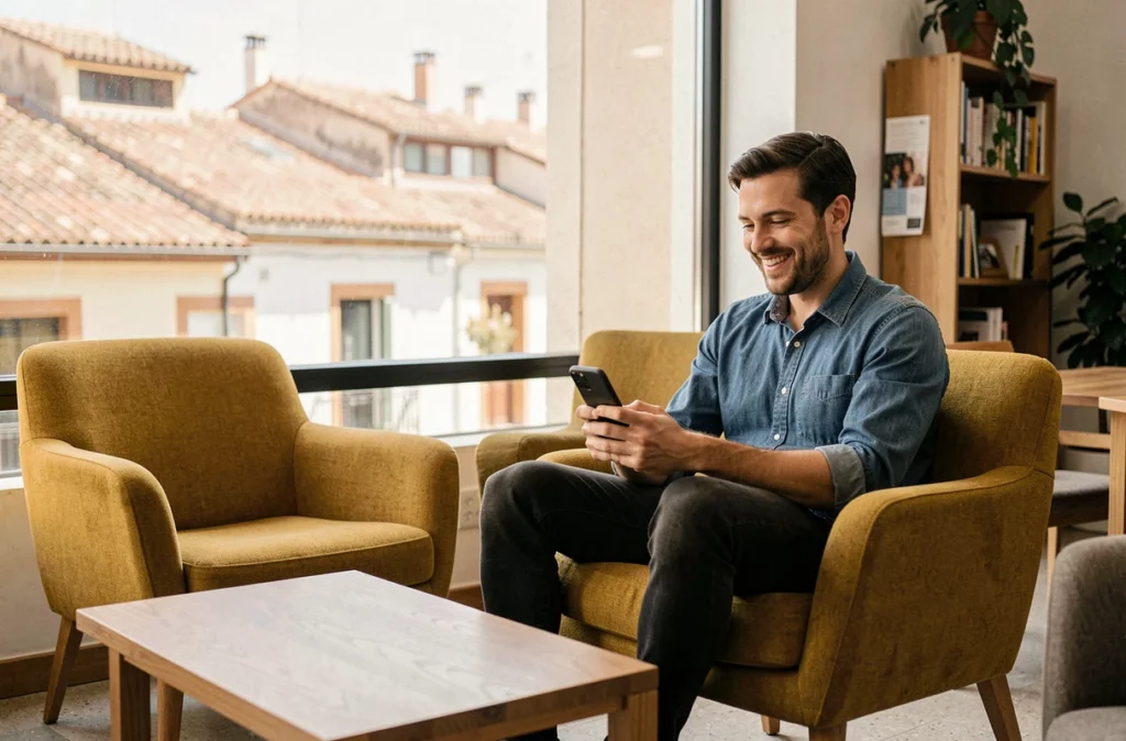Homme en pause dans un salon détente d'un coworking à Valence avec vue sur la ville