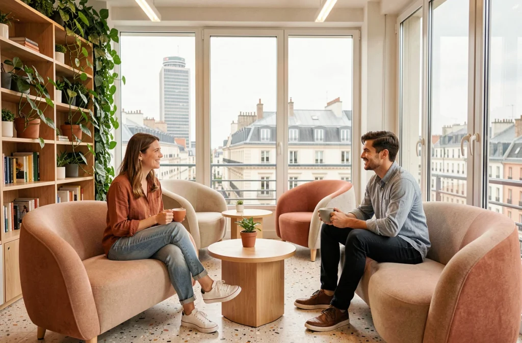 Deux professionnels discutant de manière détendue dans le salon d'un espace coworking avec vue sur le quartier Part-Dieu à Lyon