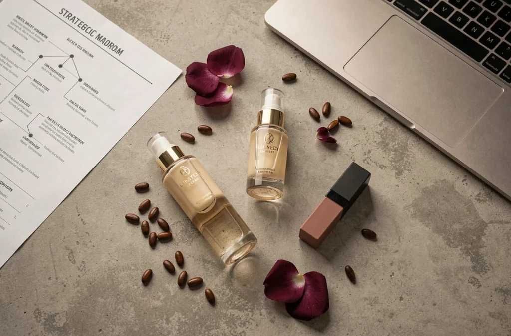 Flat-lay de produits cosmétiques de luxe avec document de stratégie beauté et ingrédients botaniques sur fond béton brossé