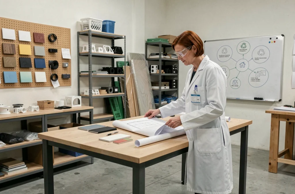Ingénieure analysant des matériaux recyclés dans un studio de conception industrielle durable