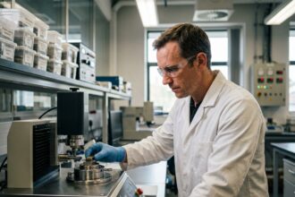 Technicien de laboratoire positionnant un échantillon sur un tribomètre pour un essai de frottement
