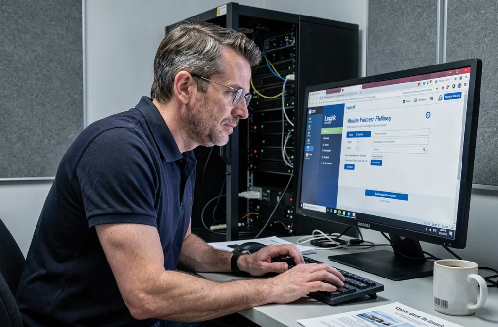 Technicien informatique configurant l'accès à un portail de connexion professionnel sur un poste informatique dédié