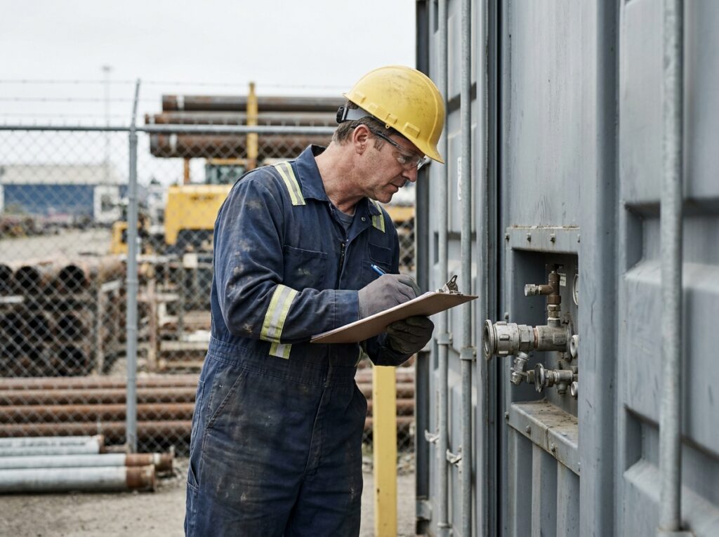 Technicien inspectant un container industriel technique avec des vannes et connecteurs industriels