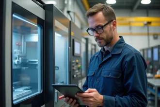 Technicien consultant une tablette numérique devant une machine CNC dans un atelier automatisé bien organisé