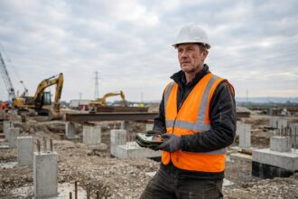 Technicien de terrain isolé sur un chantier industriel consultant un dispositif GPS de sécurité