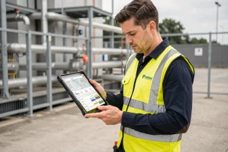 Technicien terrain consultant un tableau de bord en temps réel sur une tablette numérique dans un environnement industriel