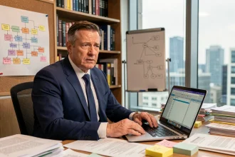 Cadre dirigeant d'âge mûr assis à son bureau encombré de rapports, étudiant un organigramme complexe dans un contexte de management d'entreprise