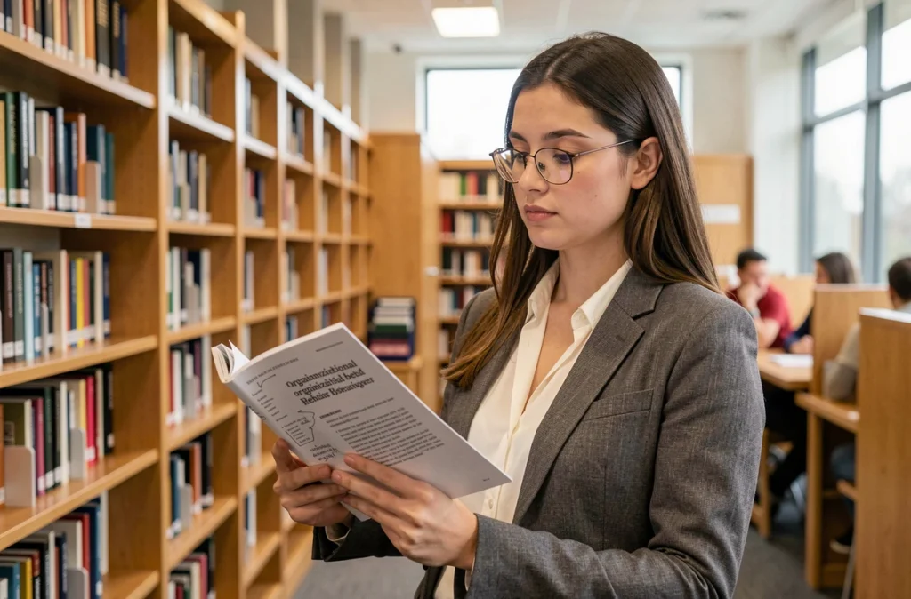 Jeune chercheuse en bibliothèque universitaire consultant une revue académique sur les théories du management et le principe de Peters