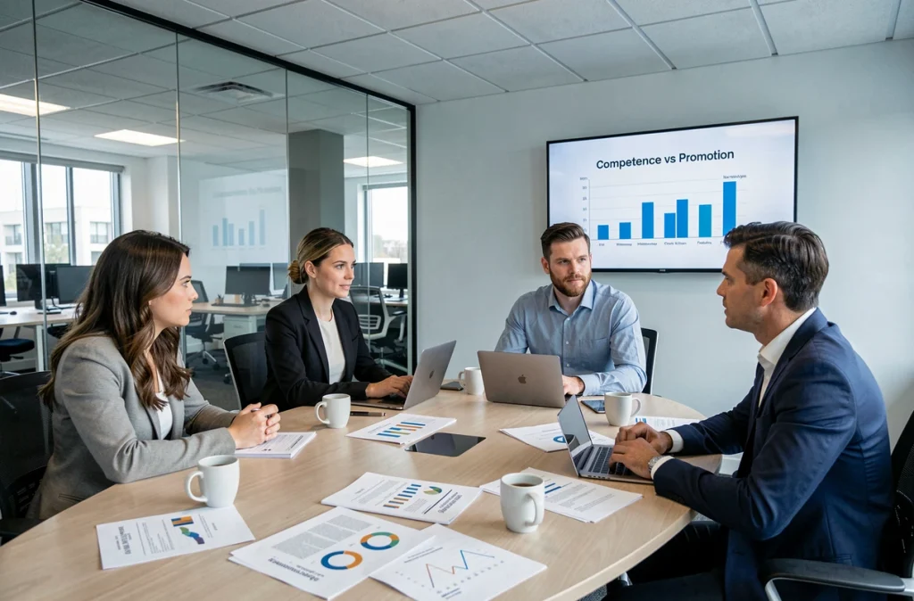 Groupe de professionnels en réunion autour d'une table de conférence discutant des théories de management et du principe de Peters