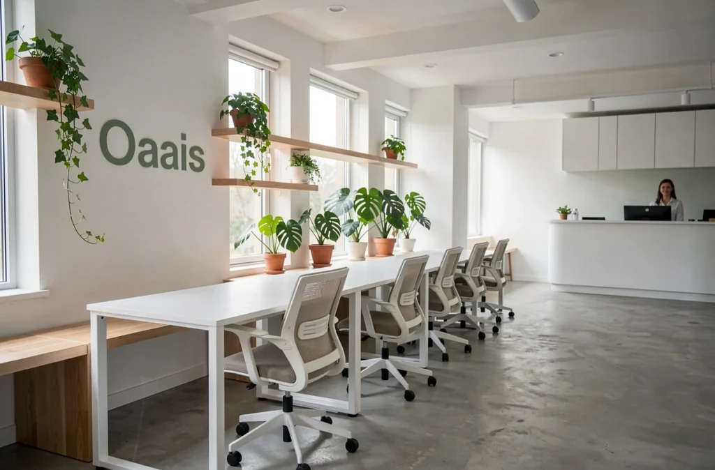 Vue d'ensemble d'un espace de coworking Oasis avec bureaux minimalistes et végétation intérieure