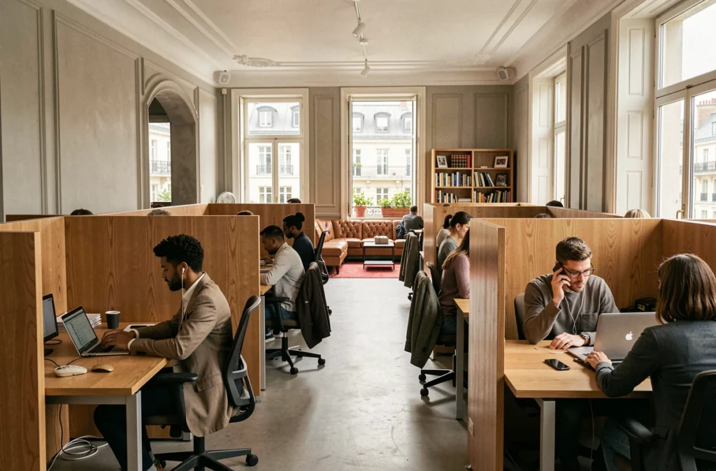 Vue panoramique d'un espace de coworking animé dans le quartier Châtelet à Paris